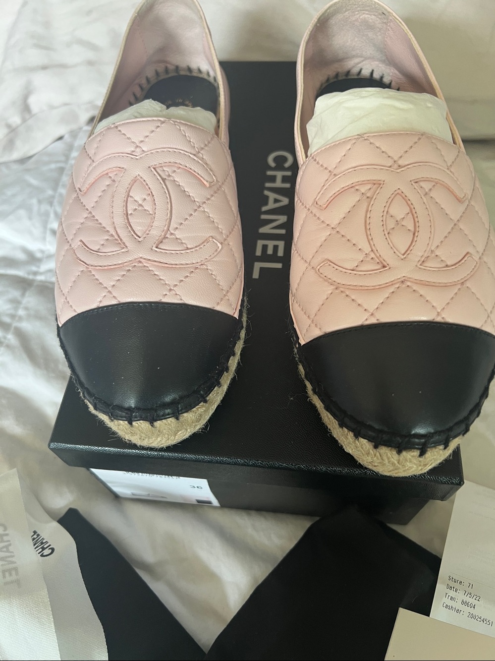 Chanel pink quilted espadrille with box and receipt for authenticity